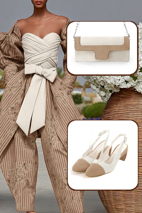 Women's tan beige and off white elegant slingback heels. Round toe. Medium comma heels - Worn view